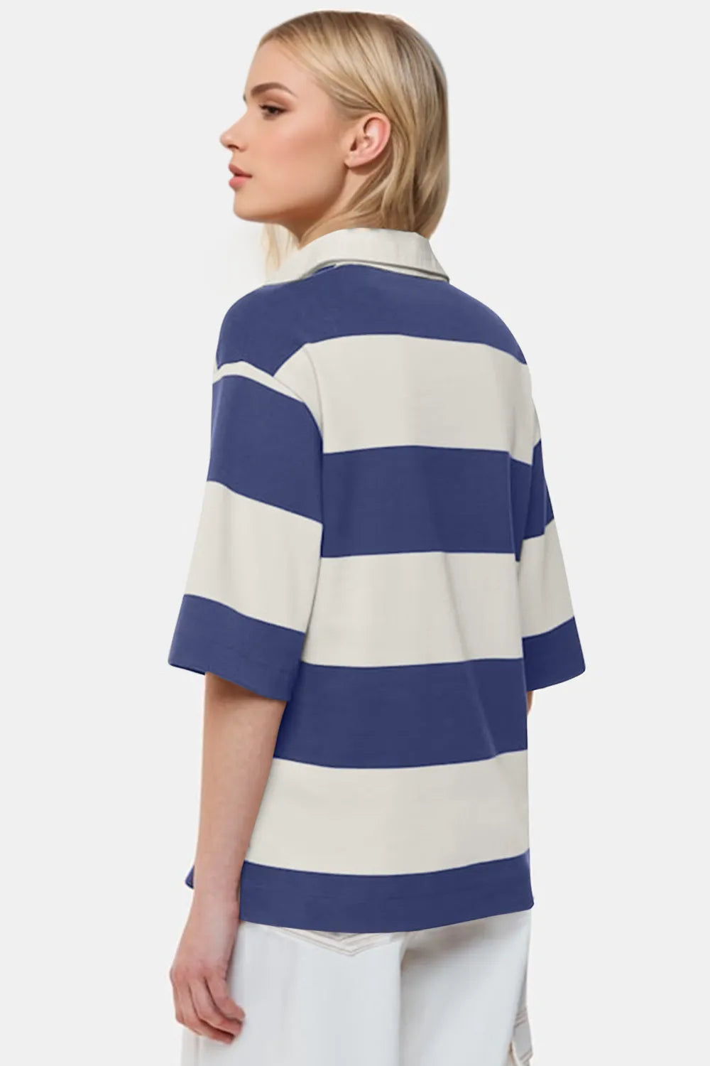 Oh Pima cotton color block Johnny collar half sleeve top from Trendsi, featuring a stylish design with a classic collar and contrasting fabric blocks.