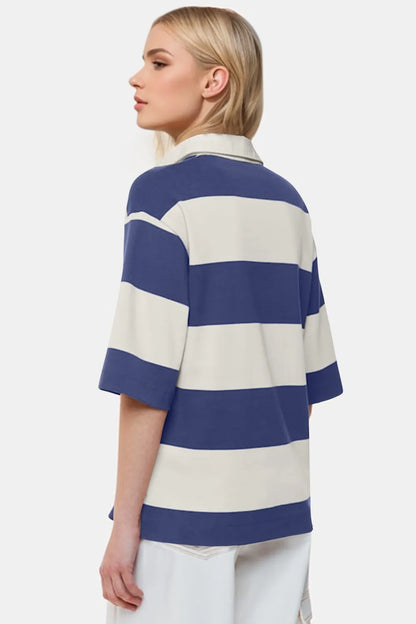 Oh Pima cotton color block Johnny collar half sleeve top from Trendsi, featuring a stylish design with a classic collar and contrasting fabric blocks.