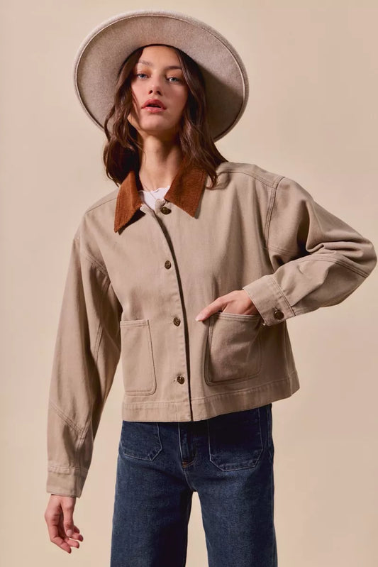 Trendsi SO ME Cotton Twill Cropped Barn Jacket with collar, shown in a natural pose, highlighting its stylish design and collar detail.