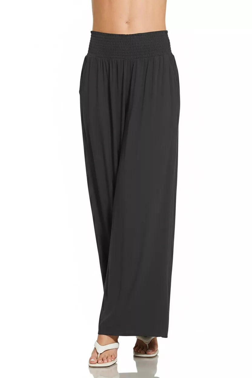 Zenana wide-leg lounge pants with smocked waistband, soft and comfortable, perfect for casual wear, in a relaxed fit.