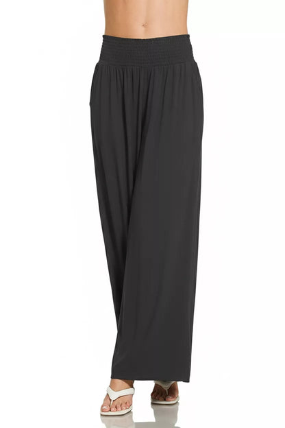 Zenana wide-leg lounge pants with smocked waistband, soft and comfortable, perfect for casual wear, in a relaxed fit.