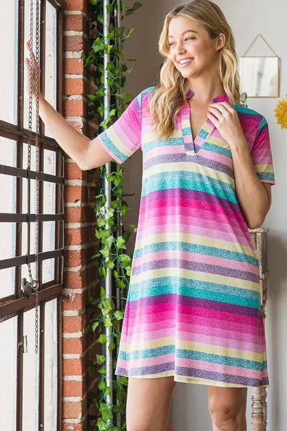 Heimish full size striped short sleeve mini tee dress, plus size, casual fit with vibrant horizontal stripes, trendy and comfortable.