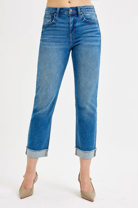 Trendsi RISEN high rise boyfriend fit ankle jeans in plus size, showcasing relaxed fit and denim fabric on a model.