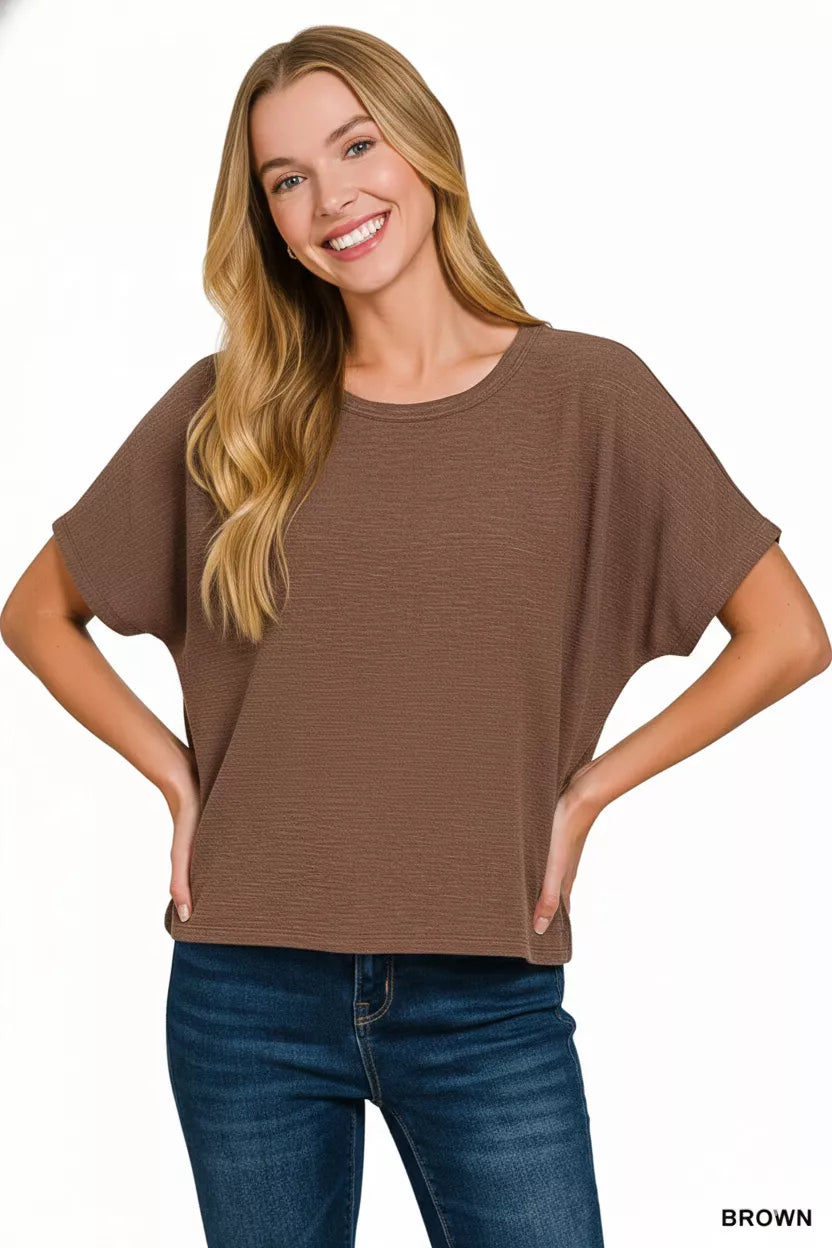 Light beige Zenana cotton slub oversized tee with short sleeves and relaxed fit, shown on a model.