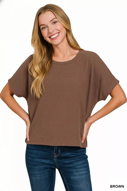 Light beige Zenana cotton slub oversized tee with short sleeves and relaxed fit, shown on a model.