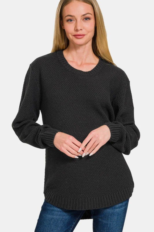 Zenana long sleeve sweater with round neck and curved hem, featuring a full-size fit and comfortable knit fabric.