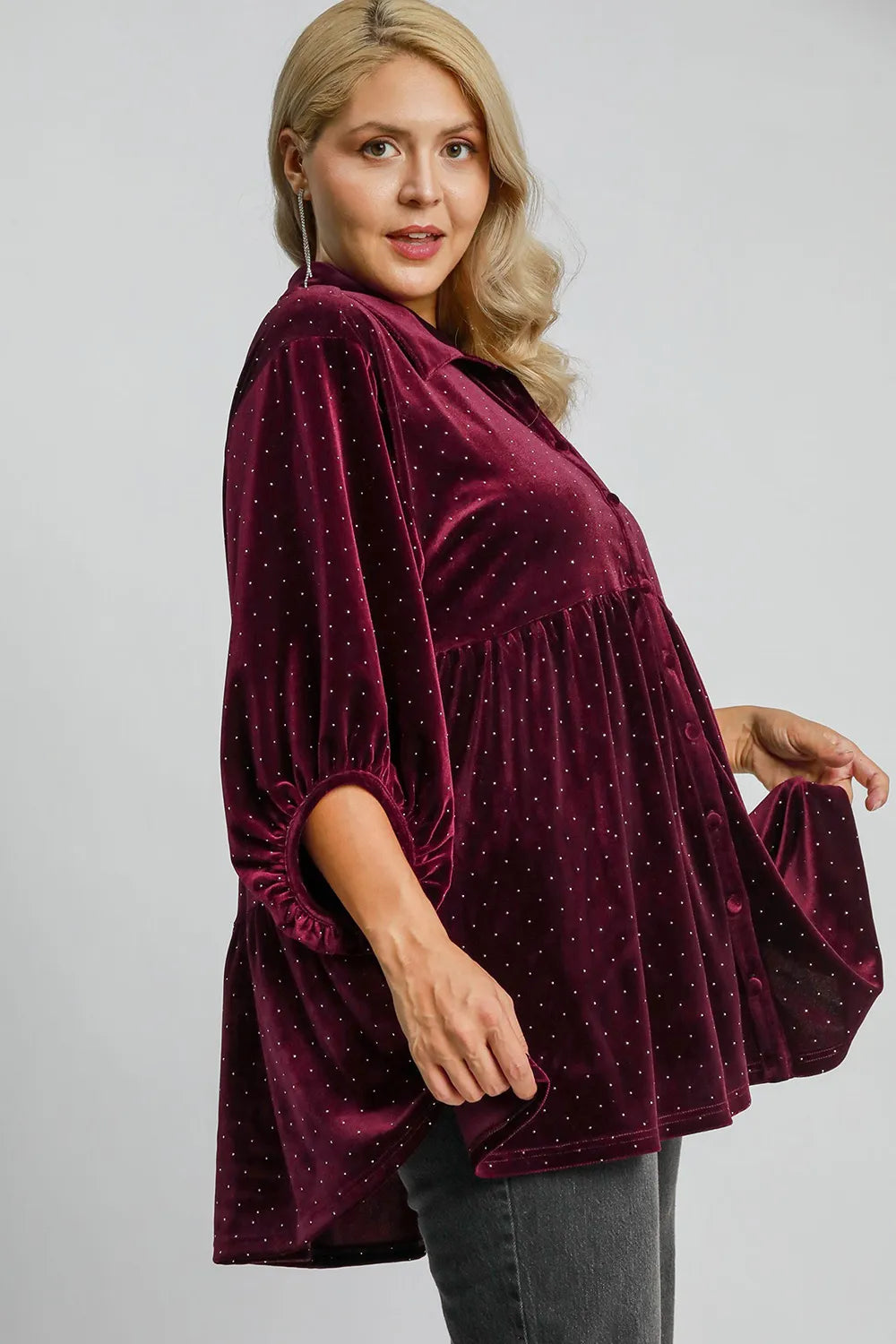 Umgee full size polka dot button-up half sleeve shirt, trendy casual top with black and white polka dots, ideal for everyday wear.