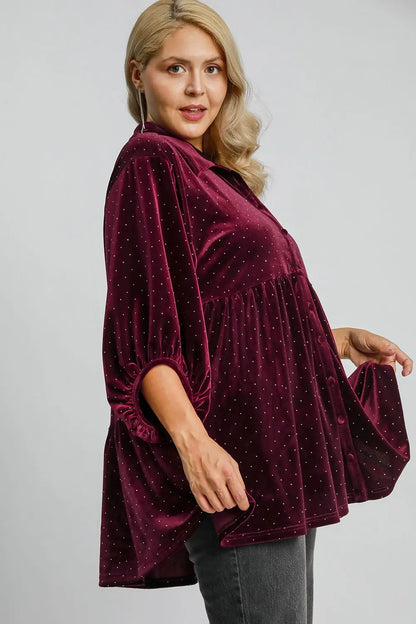 Umgee full size polka dot button-up half sleeve shirt, trendy casual top with black and white polka dots, ideal for everyday wear.
