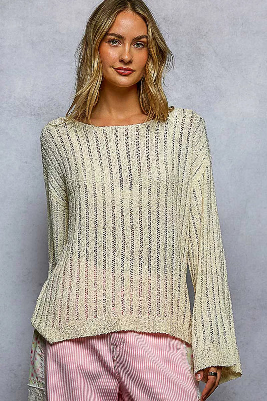 Trendsi POL round neck long sleeve open weave sweater with a lightweight, breathable knit and relaxed fit.