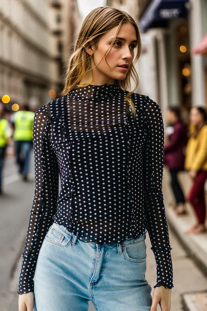Trendsi Oh Full Size Frill Printed Mock Neck Long Sleeve Top, featuring a stylish mock neck, long sleeves, and floral print design.