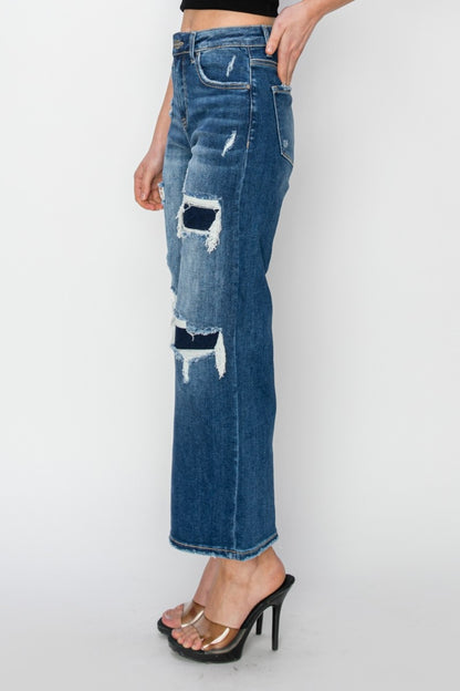 Risen Full Size High Rise Patch Detailed Wide Leg Crop Jeans