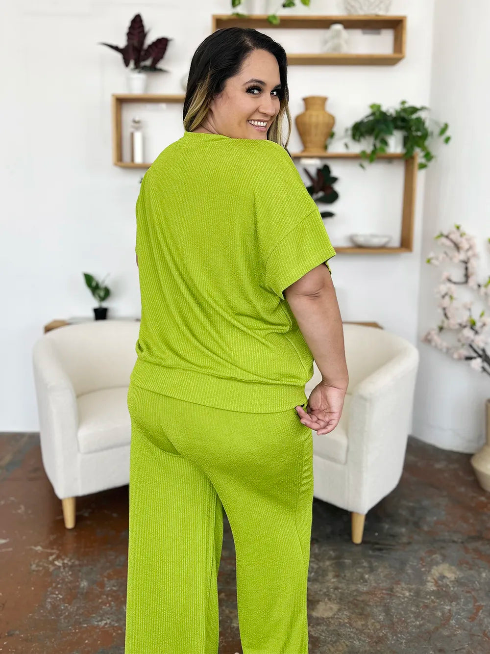 Trendsi Double Take full size textured round neck short sleeve t-shirt and wide-leg pants, stylish casual matching outfit.