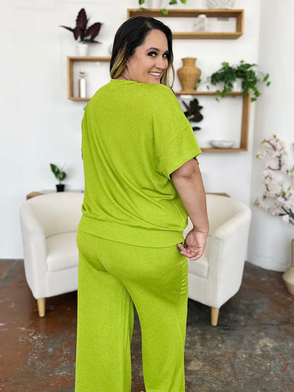 Trendsi Double Take full size textured round neck short sleeve t-shirt and wide-leg pants, stylish casual matching outfit.