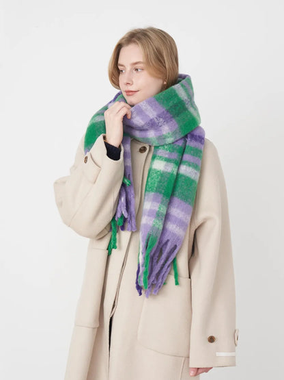Polyester plaid scarf with fringe detail, stylish Trendsi accessory featuring a classic checkered pattern and tassel accents.