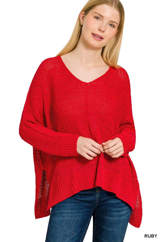Zenana Dolman Sleeve V-Neck Sweater in soft fabric, featuring a relaxed fit and stylish V-neck design.