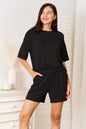Trendsi Basic Bae soft rayon half sleeve top and matching shorts set, casual loungewear in neutral tones, front view.