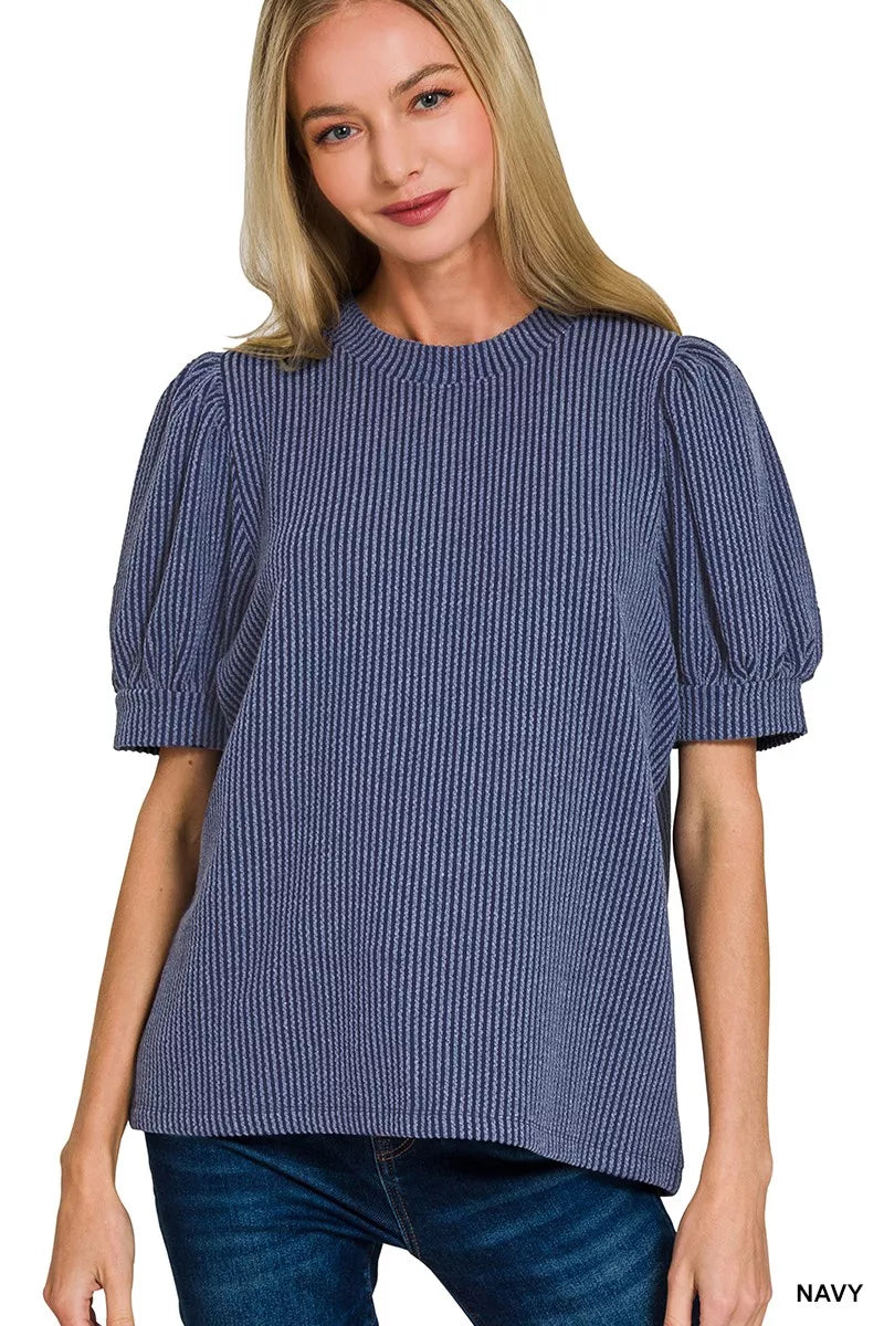 Zenana raised rib puff sleeve top with fitted design and textured fabric, featuring a stylish neckline and puffed shoulders.