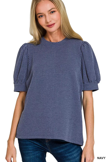 Zenana raised rib puff sleeve top with fitted design and textured fabric, featuring a stylish neckline and puffed shoulders.