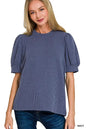 Zenana raised rib puff sleeve top with fitted design and textured fabric, featuring a stylish neckline and puffed shoulders.