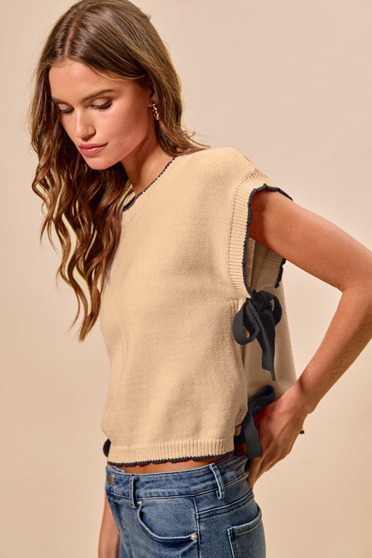 Lightweight SO ME sweater with dolman sleeves and side ribbon tie, perfect for casual stylish wear.