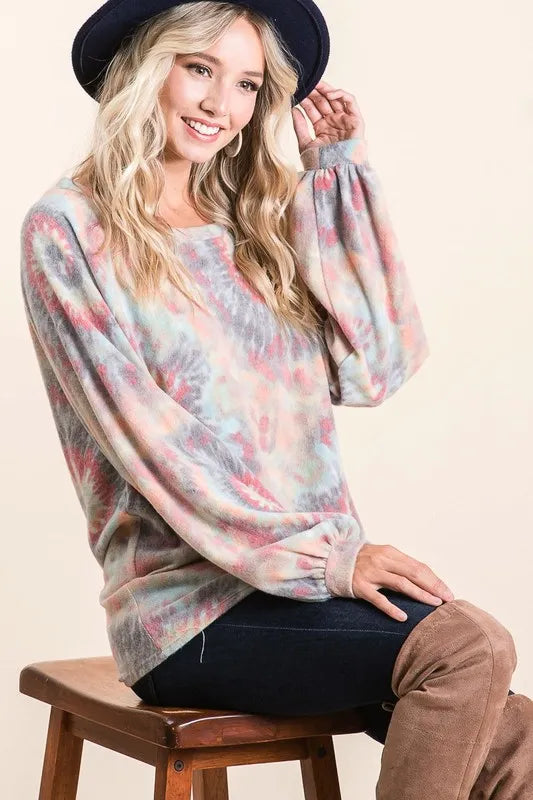 BiBi brushed tie-dye print top with puff sleeves by Trendsi, featuring a casual, stylish design and soft fabric.