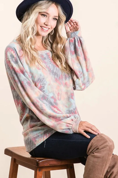 BiBi brushed tie-dye print top with puff sleeves by Trendsi, featuring a casual, stylish design and soft fabric.