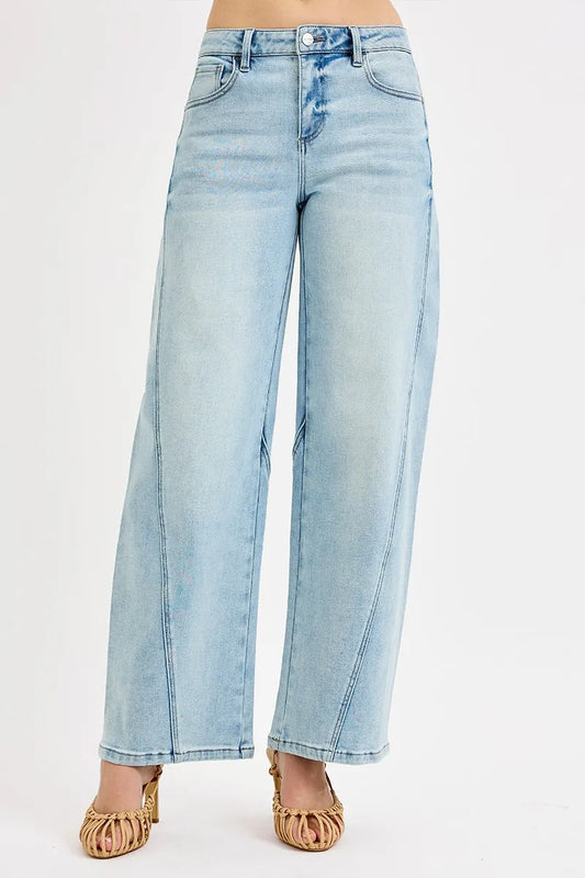 Plus size RISEN mid-rise fit barrel jeans by Trendsi, showcasing full length denim with a relaxed, fashionable silhouette.