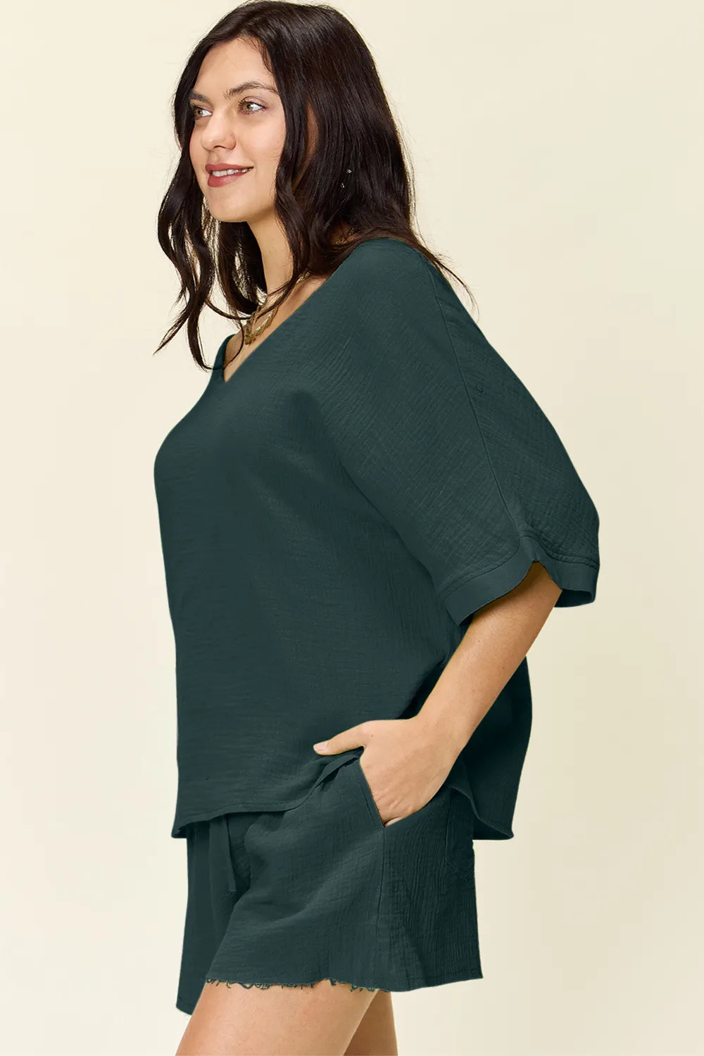 Trendsi Double Take Texture half sleeve T-shirt and drawstring shorts set, casual outfit with textured fabric and comfortable fit.