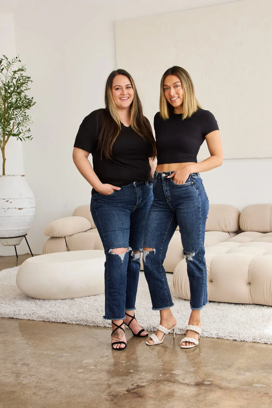 Trendsi RFM Crop Dylan high waist distressed jeans with tummy control and raw hem, featuring a full size fit and distressed detailing.