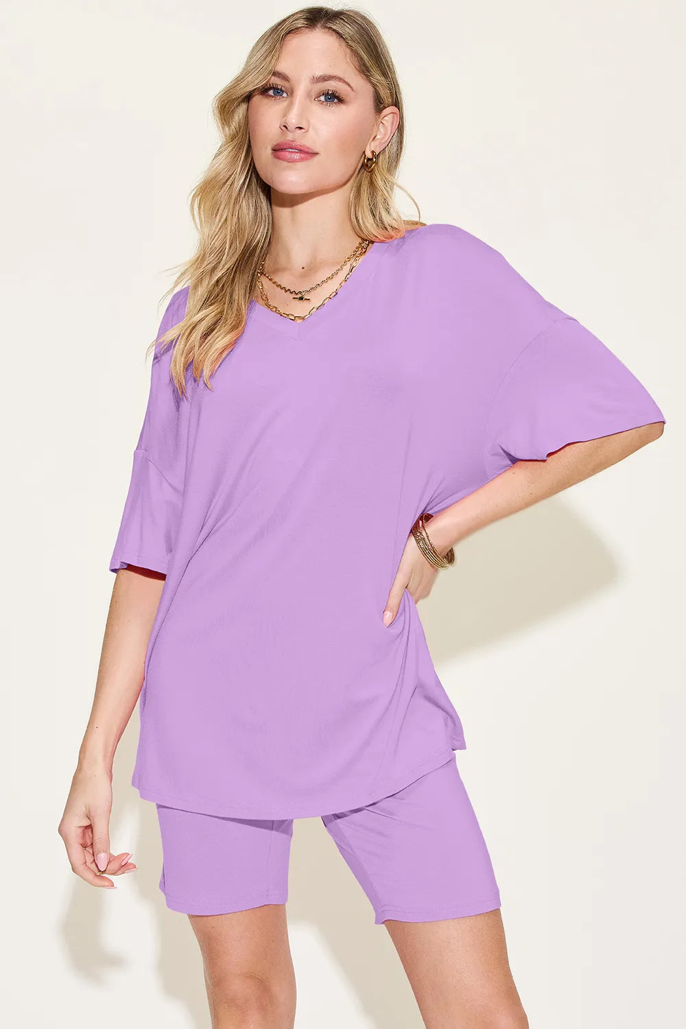 Trendsi Basic Bae Bamboo full size V-neck drop shoulder T-shirt and shorts set, casual loungewear in soft bamboo fabric.