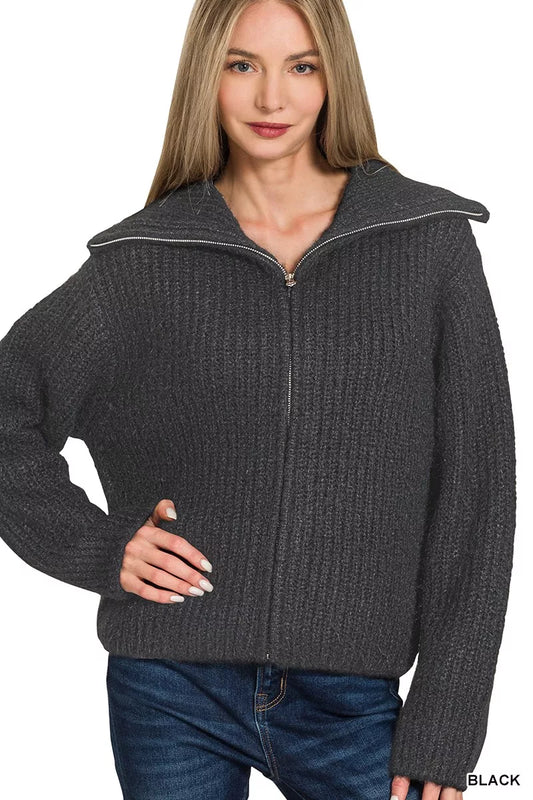 Zenana high neck full zip sweater cardigan in soft knit, featuring a cozy design and front zipper, perfect for casual wear.