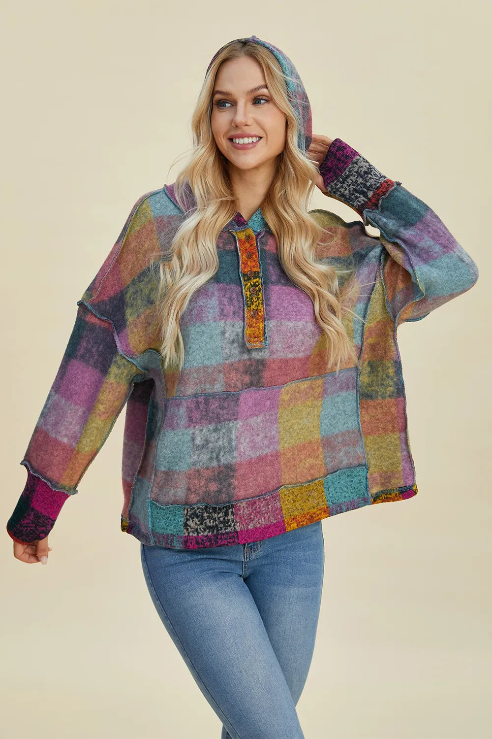 Plus size fleece hoodie with plaid pattern and dropped shoulders from Trendsi, featuring a double take full size design.