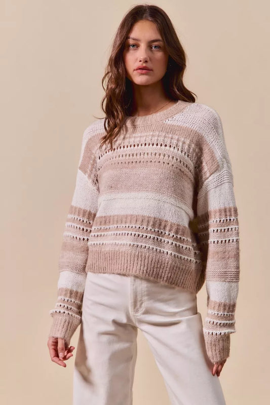 Variegated stripe textured loose-fit sweater by Trendsi, featuring a stylish design and comfortable fit in soft knit fabric.