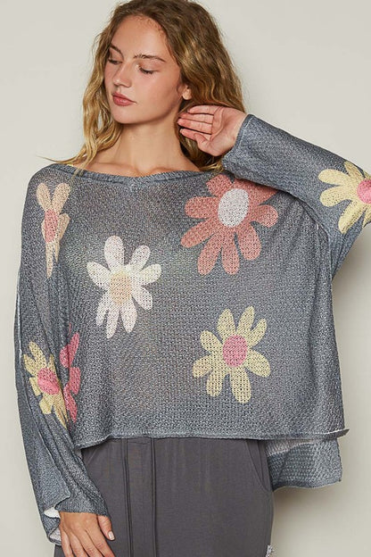 POL Flower Dropped Shoulder Long Sleeve Knit Top