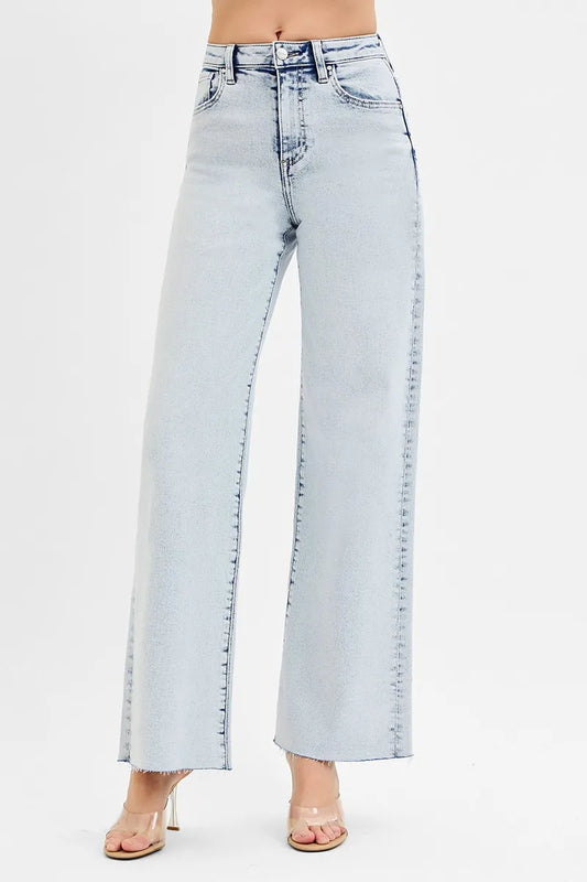 Plus size RISEN high rise wide leg jeans from Trendsi, shown in dark wash with a relaxed fit and full length.