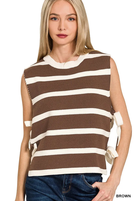 Zenana side tie stripe sweater vest featuring a classic knit design and adjustable side ties for a stylish layered look.
