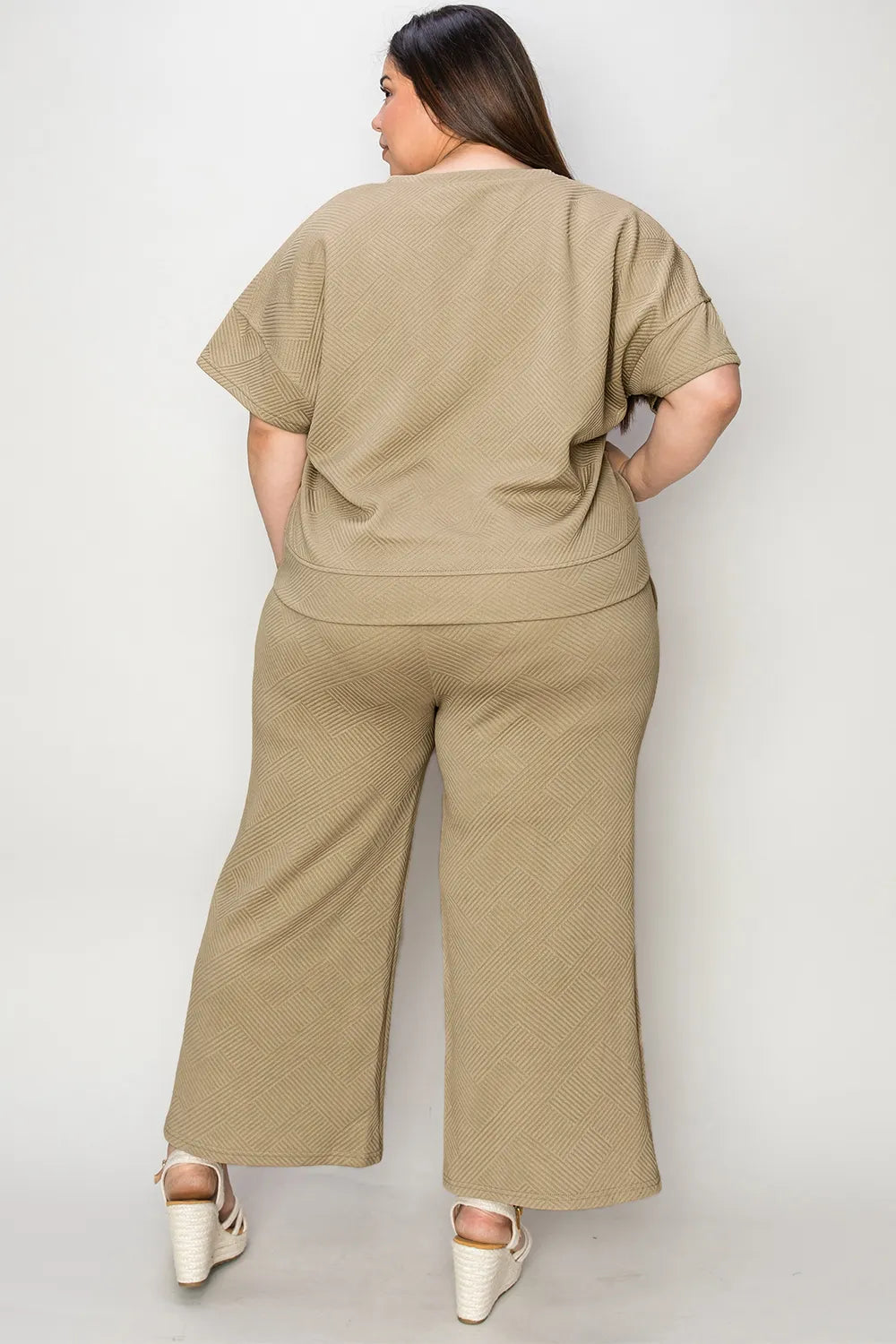 Trendsi double take full size textured short sleeve top and matching pants set, casual fashion outfit, front view, neutral background