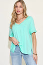Basic Bae bamboo V-neck T-shirt by Trendsi, full size, short sleeve, lightweight bamboo fabric with slit detail.