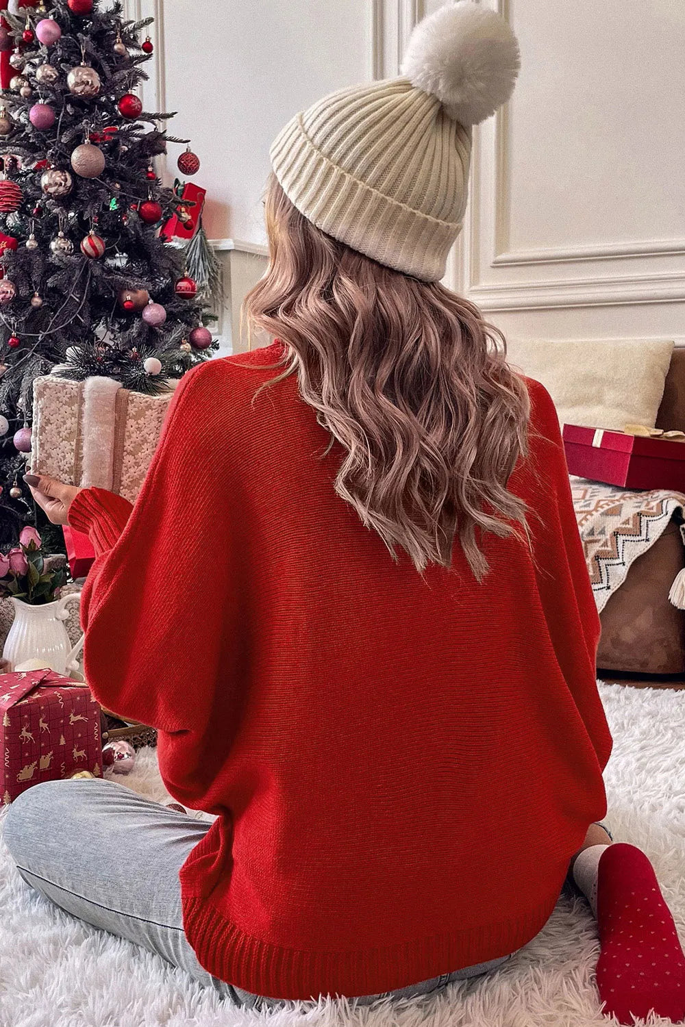 Red Christmas turtleneck sweater from Trendsi with festive "Merry Christmas" design, long sleeves, and cozy knit fabric.