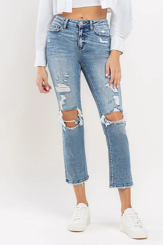Lovervet full size high rise slim straight jeans in denim, showing the front view with classic five-pocket design and belt loops.