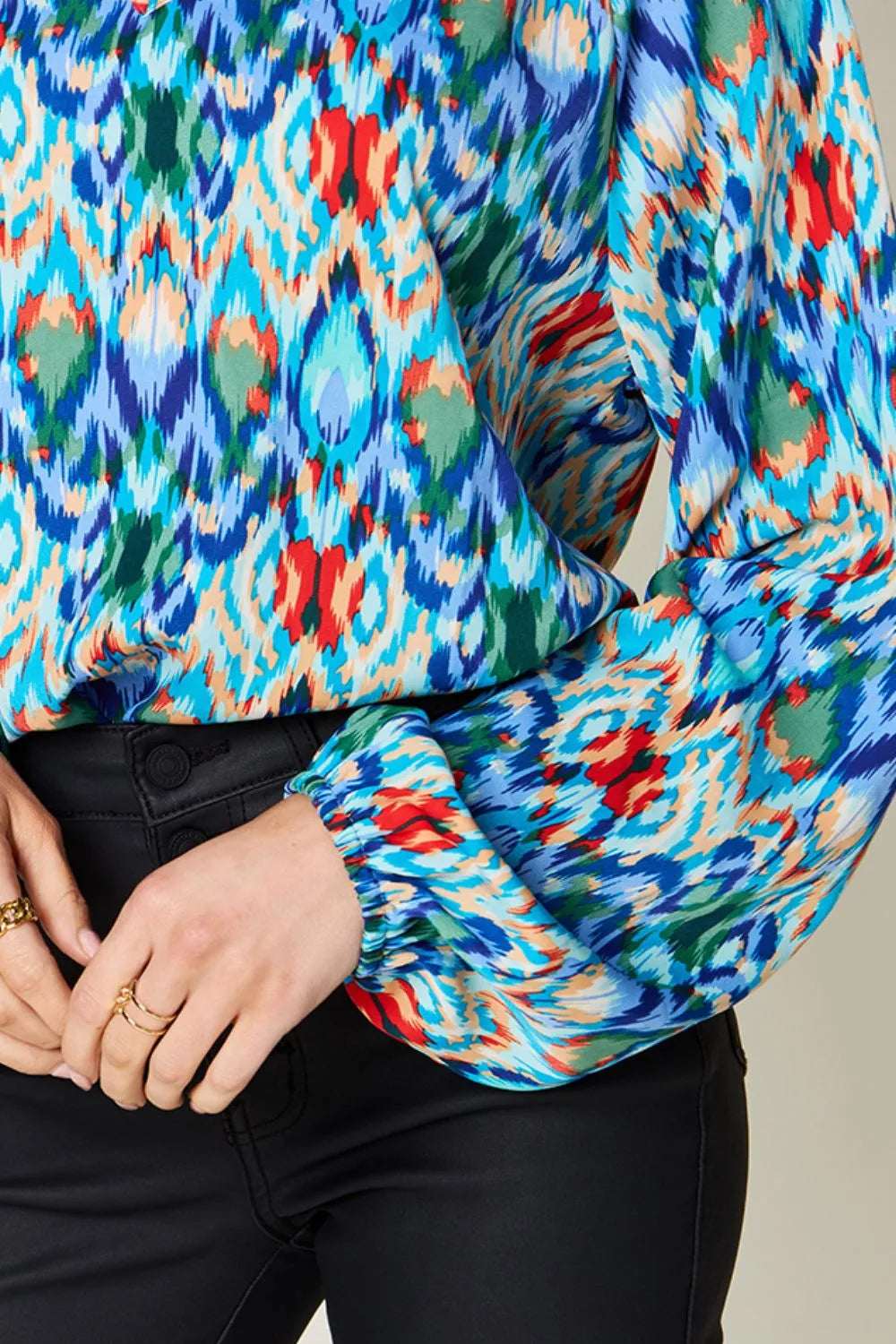 Printed balloon sleeve blouse by Trendsi featuring double take full size design with bold balloon sleeves and stylish print fabric.