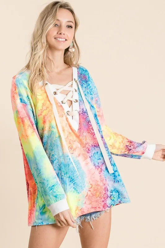 Colorful tie-dye deep V-neck top with lace-up front from Trendsi, casual and trendy women's fashion top.
