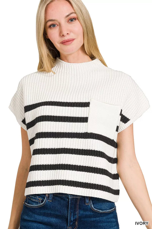 Zenana short sleeve stripe sweater with navy and white horizontal stripes, lightweight knit fabric, casual style for women.