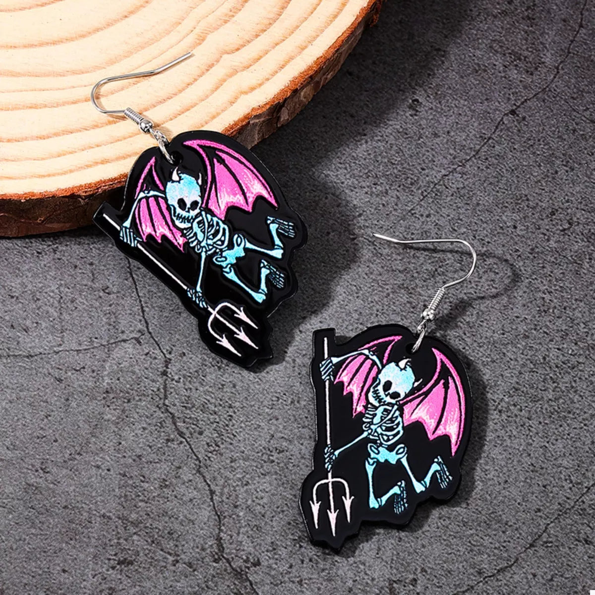 Halloween Spooky Skeleton Devil Wing Dangle Earrings featuring skeleton and devil wing designs, perfect for festive spooky attire.