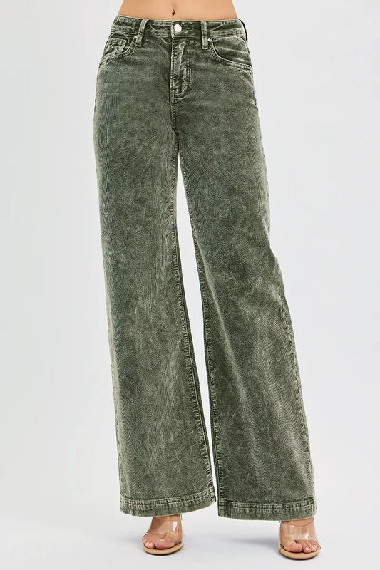 Plus size RISEN high rise wide leg corduroy jeans by Trendsi, showing the full length and classic corduroy texture.