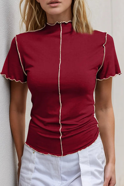 Trendsi Basic Bae mock neck casual top with wave edge, contrast stitching, ruffle short sleeves, slim fit, lightweight fabric