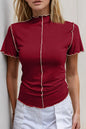 Trendsi Basic Bae mock neck casual top with wave edge, contrast stitching, ruffle short sleeves, slim fit, lightweight fabric