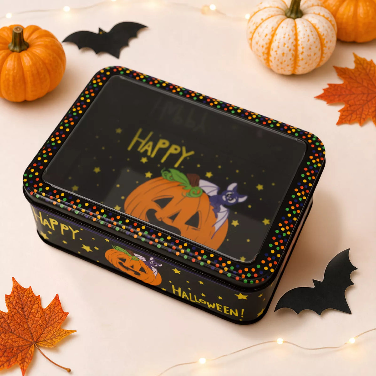 Halloween decorative metal storage box with window display, featuring a spooky design and metal construction.