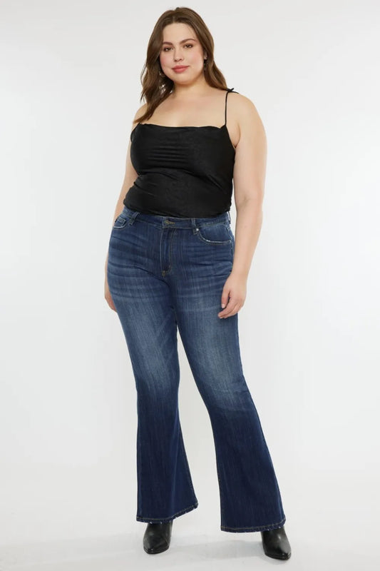 Kancan full-size mid-rise slim flare jeans in dark denim, showing front view with pockets and classic jean stitching.