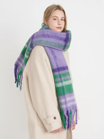 Fringe plaid polyester scarf with tassel details, featuring a classic red and black pattern, designed for stylish warmth.